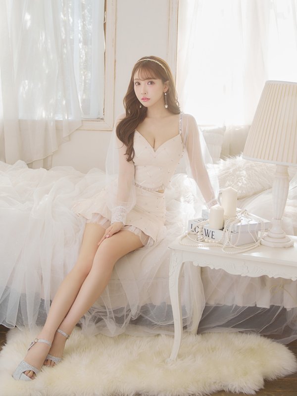 画像8: XSサイズあり【ROBE de FLEURS/ローブドフルール】スパンコール/ ドットチュール/ 袖あり/ 長袖/ セットアップ/ ビジュー/ フレア/ ミニドレス/ キャバドレス[OF08] (8)