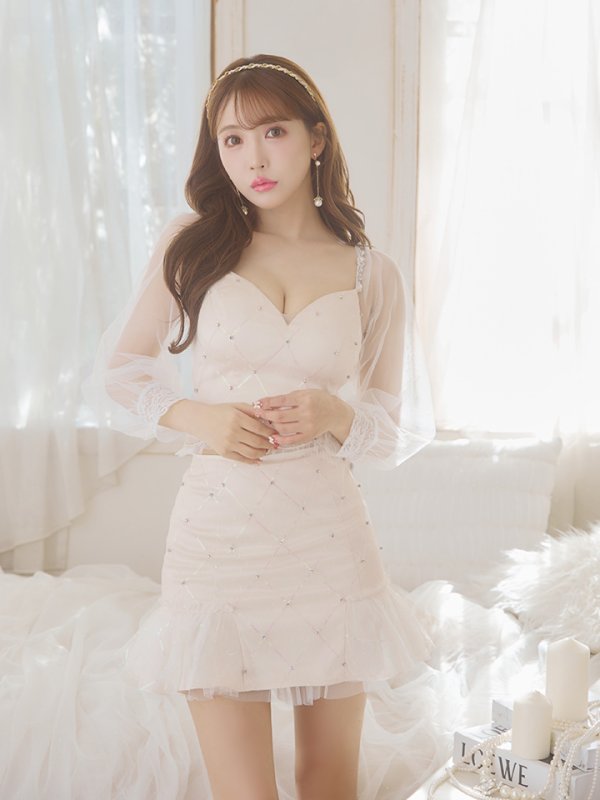 画像10: XSサイズあり【ROBE de FLEURS/ローブドフルール】スパンコール/ ドットチュール/ 袖あり/ 長袖/ セットアップ/ ビジュー/ フレア/ ミニドレス/ キャバドレス[OF08] (10)