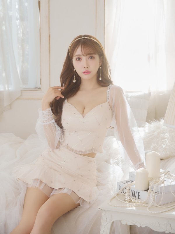 画像12: XSサイズあり【ROBE de FLEURS/ローブドフルール】スパンコール/ ドットチュール/ 袖あり/ 長袖/ セットアップ/ ビジュー/ フレア/ ミニドレス/ キャバドレス[OF08] (12)