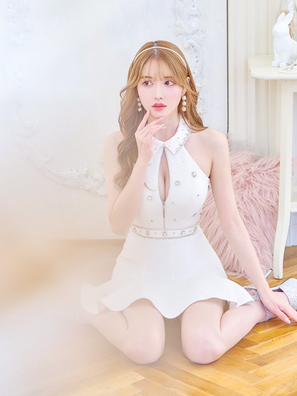 画像8: XSサイズあり【ROBE de FLEURS/ローブドフルール】ツイード/ ジップ/ 襟付き/ ホルター/ ビジュー/ フレア/ セットアップ/ ミニドレス/ キャバドレス[OF08] (8)