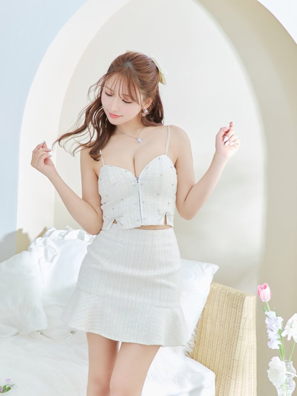 画像9: XSサイズあり【ROBE de FLEURS/ローブドフルール】 セットアップ/ キャミソール/ビジュー/ リボン/ フロントジップ/ ツイード/ フレア/ ミニドレス/ キャバドレス[OF08] (9)