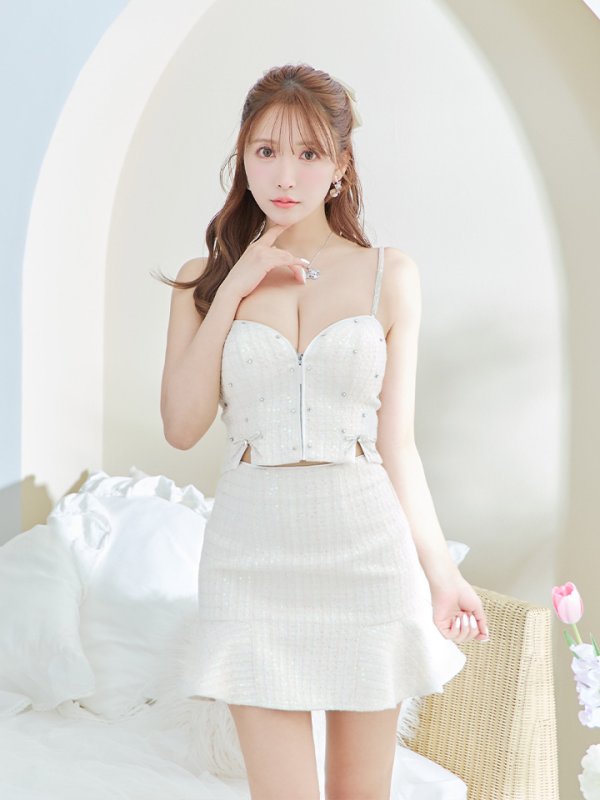 画像10: XSサイズあり【ROBE de FLEURS/ローブドフルール】 セットアップ/ キャミソール/ビジュー/ リボン/ フロントジップ/ ツイード/ フレア/ ミニドレス/ キャバドレス[OF08] (10)