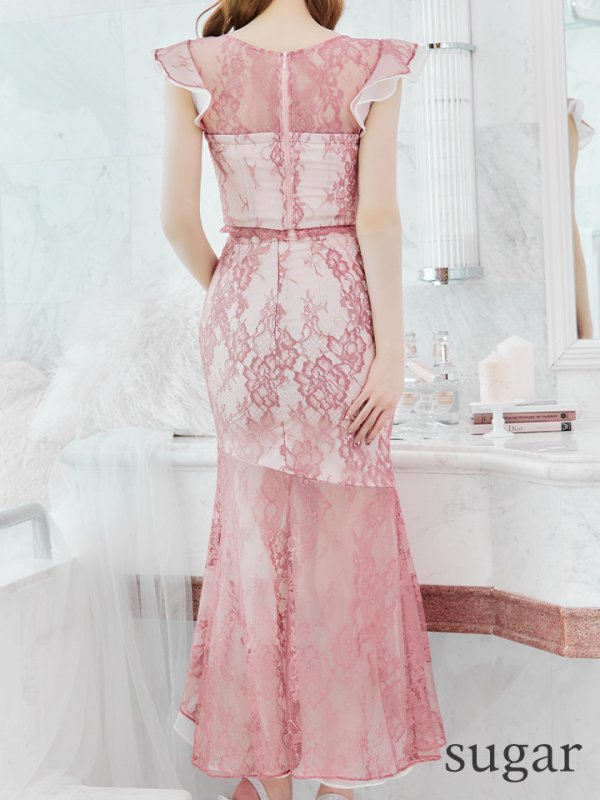 画像14: XSサイズあり【ROBE de FLEURS/ローブドフルール】マーメイド/ レース/ オーガンジー/ バストチャーム/ フリルショルダー/ セットアップ/ ひざ丈/ ミディアムドレス/ キャバドレス[OF08] (14)