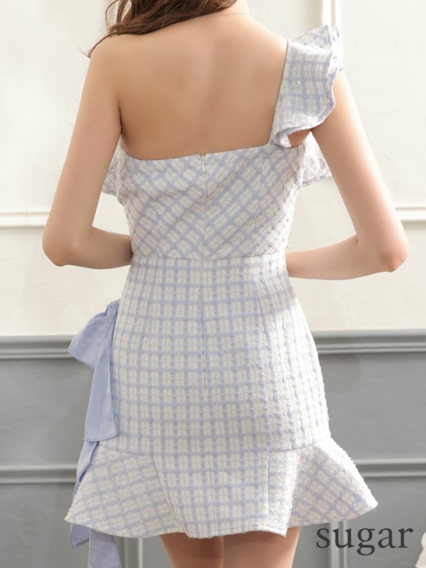 画像11: XSサイズあり【ROBE de FLEURS/ローブドフルール】チェック柄ツイード/ リボンワンショルダー/ マーメイド/ フリル/ ジップ/ ビジュー/ ミニドレス/ キャバドレス[OF08] (11)