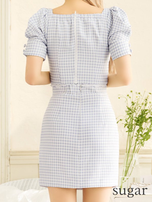 画像9: XSサイズあり【ROBE de FLEURS/ローブドフルール】ギンガムチェック/ レース/ ビジュー/ セットアップ/ 半袖/ 袖あり/ ミニドレス/ キャバドレス[OF08] (9)