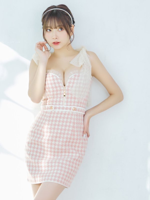 画像2: XSサイズあり【ROBE de FLEURS/ローブドフルール】ドットチュールリボン/ ツイード/ キャミソール/ バストジップ/ タイト/ ミニドレス/ キャバドレス[OF08] (2)