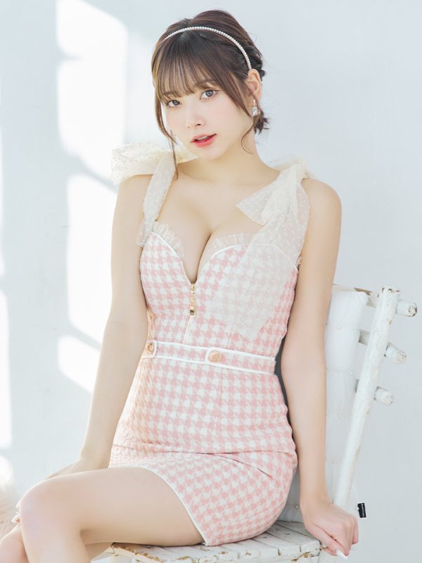 画像6: XSサイズあり【ROBE de FLEURS/ローブドフルール】ドットチュールリボン/ ツイード/ キャミソール/ バストジップ/ タイト/ ミニドレス/ キャバドレス[OF08] (6)