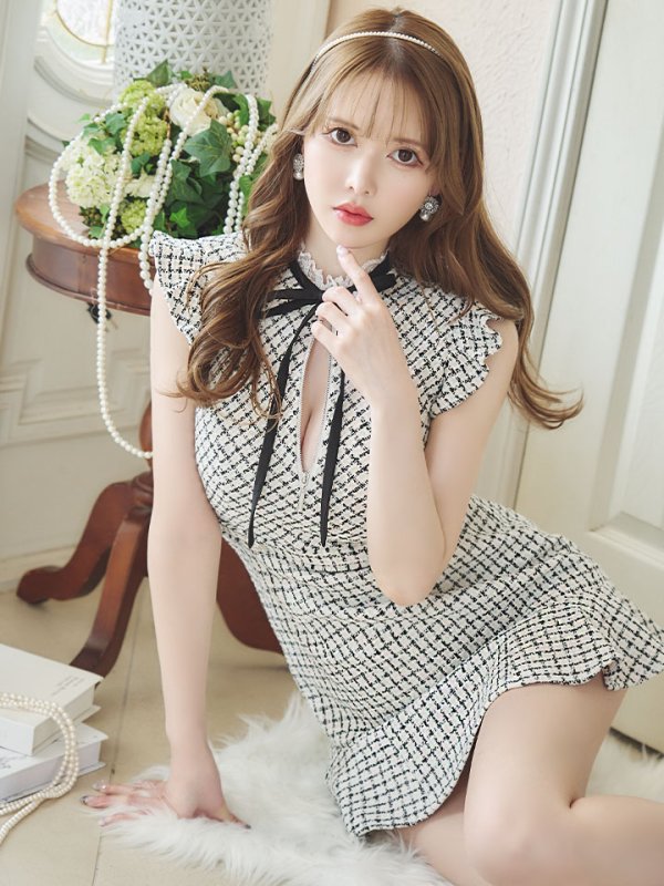 画像6: XSサイズあり【ROBE de FLEURS/ローブドフルール】チェックツイード/ マーメイド/ ネックリボン/ ジップ/ フリルショルダー/ ミニドレス/ キャバドレス[OF08] (6)