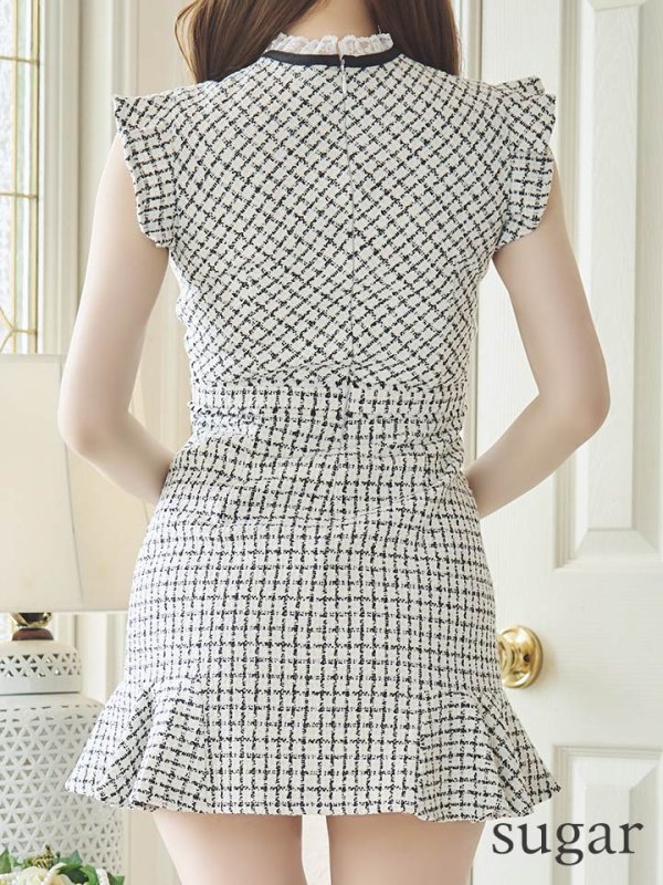 画像9: XSサイズあり【ROBE de FLEURS/ローブドフルール】チェックツイード/ マーメイド/ ネックリボン/ ジップ/ フリルショルダー/ ミニドレス/ キャバドレス[OF08] (9)