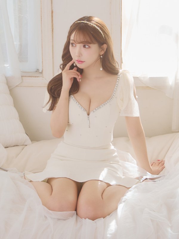 画像2: XSサイズあり【ROBE de FLEURS/ローブドフルール】オーガンジーリボン/ デコルテビジュー/ ノースリーブ/ フレア/ セットアップ/ ミニドレス/ キャバドレス[OF08] (2)