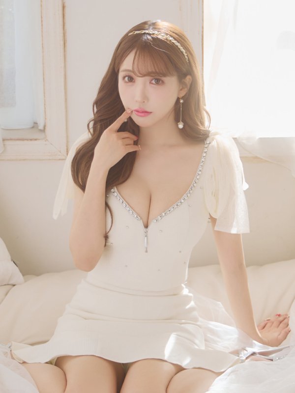 画像3: XSサイズあり【ROBE de FLEURS/ローブドフルール】オーガンジーリボン/ デコルテビジュー/ ノースリーブ/ フレア/ セットアップ/ ミニドレス/ キャバドレス[OF08] (3)