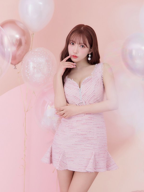 画像5: XSサイズあり【ROBE de FLEURS/ローブドフルール】サマーツイード/ フリル裾/ マーメイド/ フロントジップ/ ドットチュール/ ミニドレス/ キャバドレス[OF08] (5)