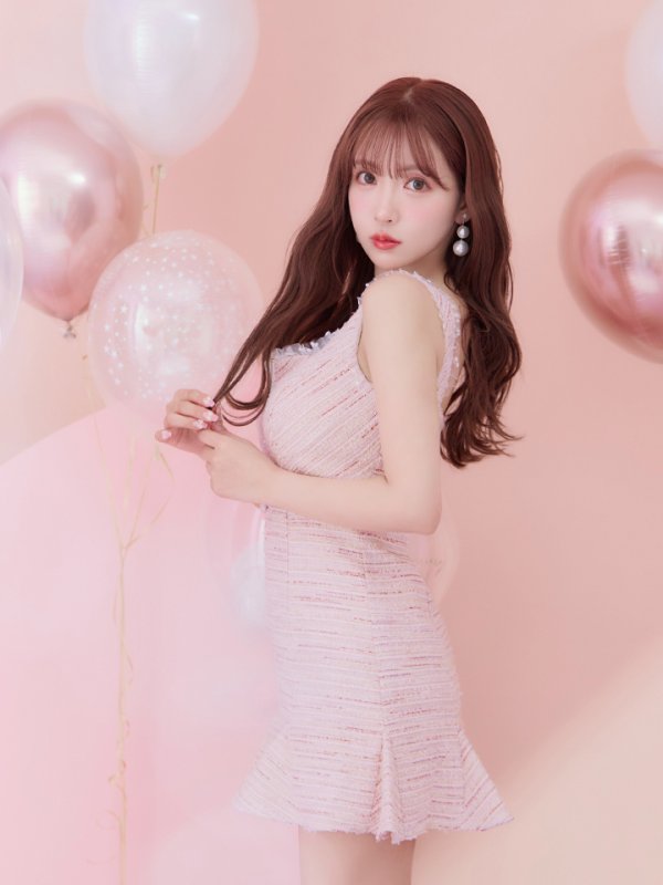 画像6: XSサイズあり【ROBE de FLEURS/ローブドフルール】サマーツイード/ フリル裾/ マーメイド/ フロントジップ/ ドットチュール/ ミニドレス/ キャバドレス[OF08] (6)