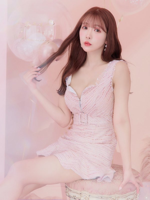 画像7: XSサイズあり【ROBE de FLEURS/ローブドフルール】サマーツイード/ フリル裾/ マーメイド/ フロントジップ/ ドットチュール/ ミニドレス/ キャバドレス[OF08] (7)