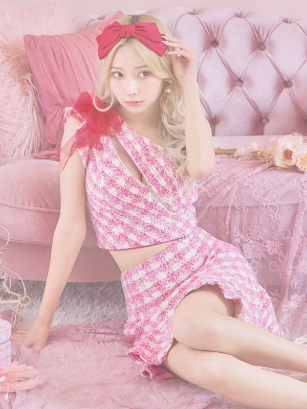 画像5: 【LIMITED SALE開催中！! 11月11日より順次発送予定】sugar限定コラボ☆XS-Lサイズあり【ROBE de FLEURS/ローブドフルール】セットアップ/ ツイード/ リボン/ ワンショルダー/ バストカット/ タイト/ ミニドレス/ キャバドレス[OF08] (5)