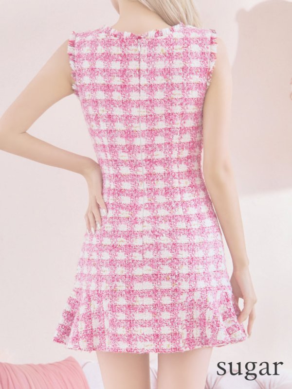 画像9: sugar限定コラボ☆XS-Lサイズあり【ROBE de FLEURS/ローブドフルール】ツイード/ フロントジップ/ ノースリーブ/ 裾フリル/ マーメイド/ ミニドレス/ キャバドレス[OF2] (9)