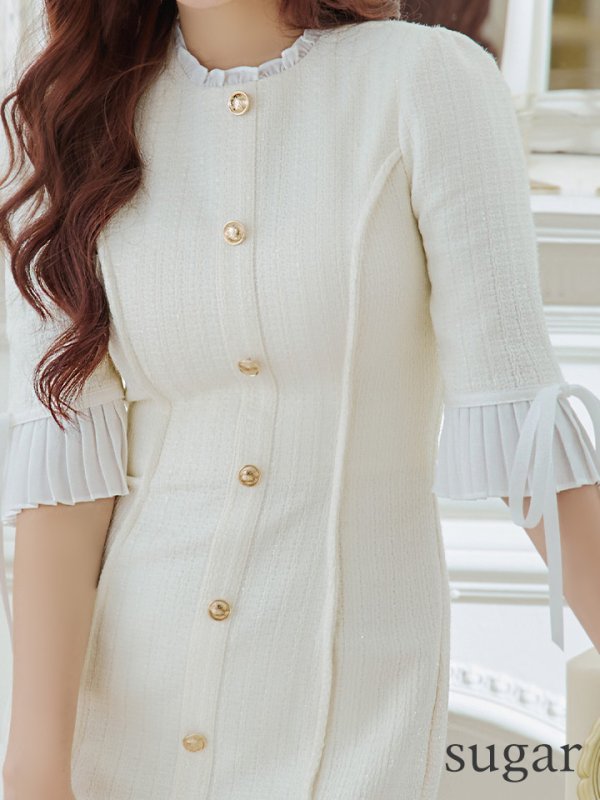 画像10: XSサイズあり【ROBE de FLEURS/ローブドフルール】ラメツイード/ 七分袖/ 袖フリル/ リボン/ フレア/ ミニドレス/ キャバドレス[OF08] (10)