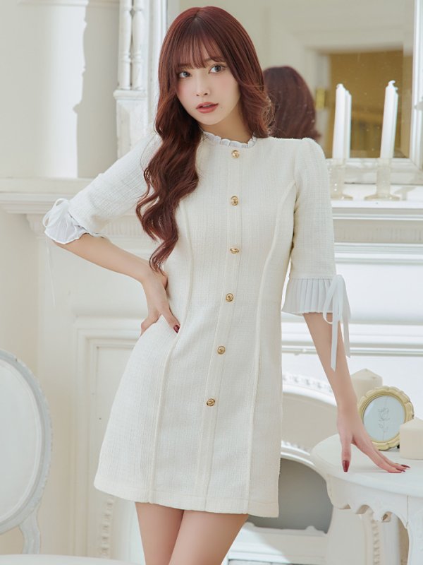 画像2: XSサイズあり【ROBE de FLEURS/ローブドフルール】ラメツイード/ 七分袖/ 袖フリル/ リボン/ フレア/ ミニドレス/ キャバドレス[OF08] (2)