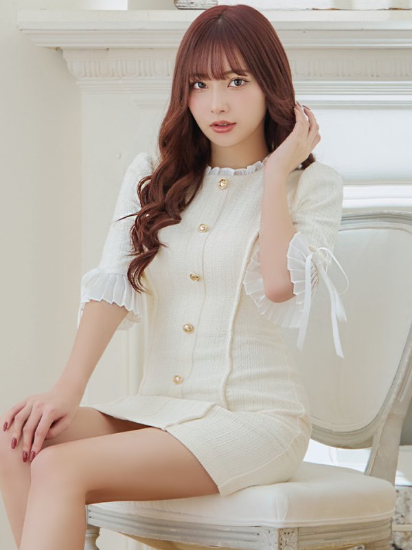 画像4: XSサイズあり【ROBE de FLEURS/ローブドフルール】ラメツイード/ 七分袖/ 袖フリル/ リボン/ フレア/ ミニドレス/ キャバドレス[OF08] (4)