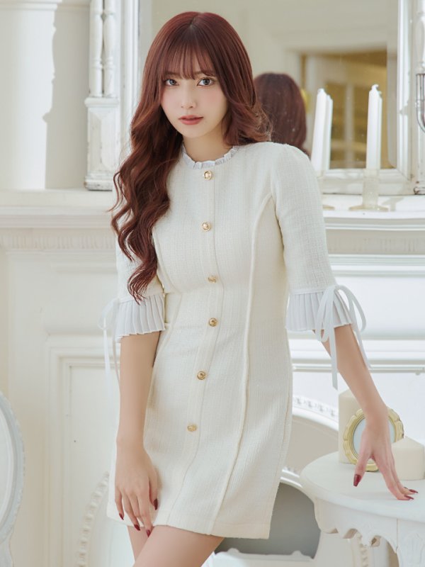 画像5: XSサイズあり【ROBE de FLEURS/ローブドフルール】ラメツイード/ 七分袖/ 袖フリル/ リボン/ フレア/ ミニドレス/ キャバドレス[OF08] (5)