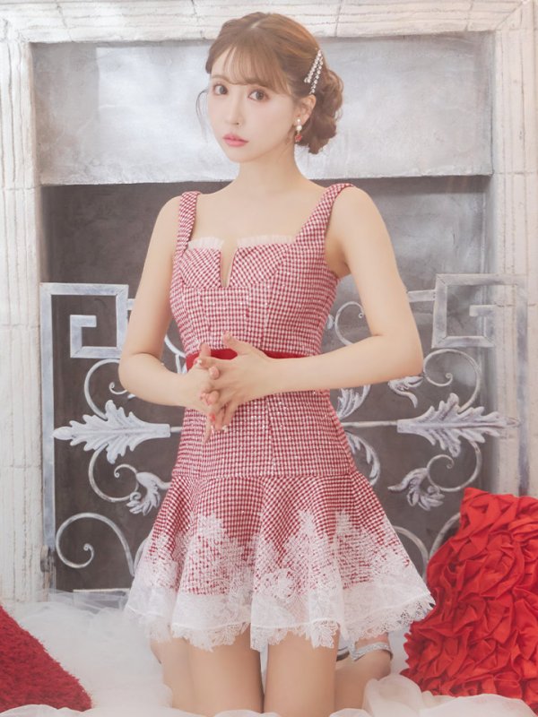 画像9: XSサイズあり【ROBE de FLEURS/ローブドフルール】ツイード/ ギンガムチェック/ フロントジップ/ ノースリーブ/ スパンコール/ フレア/ ミニドレス/ キャバドレス[OF08] (9)