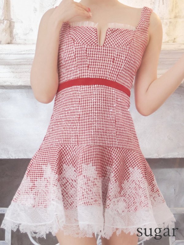 画像12: XSサイズあり【ROBE de FLEURS/ローブドフルール】ツイード/ ギンガムチェック/ フロントジップ/ ノースリーブ/ スパンコール/ フレア/ ミニドレス/ キャバドレス[OF08] (12)