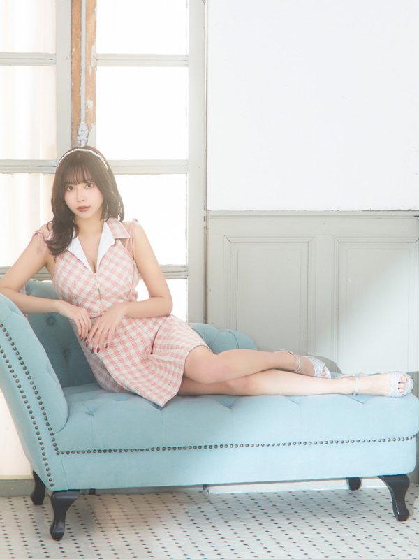 画像2: XSサイズあり【ROBE de FLEURS/ローブドフルール】襟デザイン/ スプリングツイード/ ギンガムチェック/ ノースリーブ/ プリーツ/ フレア/ ミニドレス/ キャバドレス[OF08] (2)