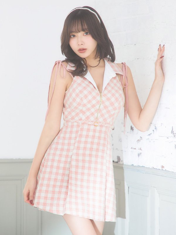 画像6: XSサイズあり【ROBE de FLEURS/ローブドフルール】襟デザイン/ スプリングツイード/ ギンガムチェック/ ノースリーブ/ プリーツ/ フレア/ ミニドレス/ キャバドレス[OF08] (6)
