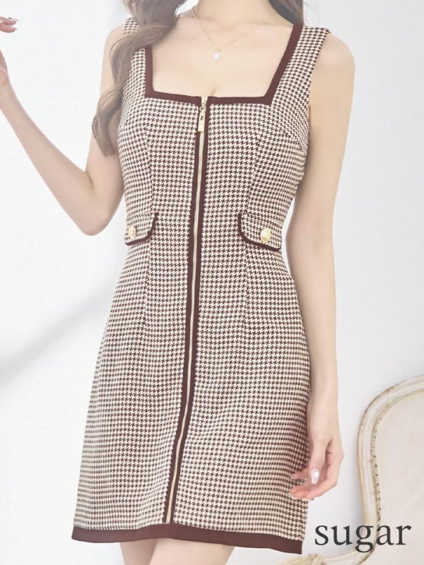 画像10: XSサイズあり【ROBE de FLEURS/ローブドフルール】ツイード/ ジップ/ スクエアカット/ ノースリーブ/ フレア/ 千鳥 /ミニドレス/ キャバドレス[OF08] (10)