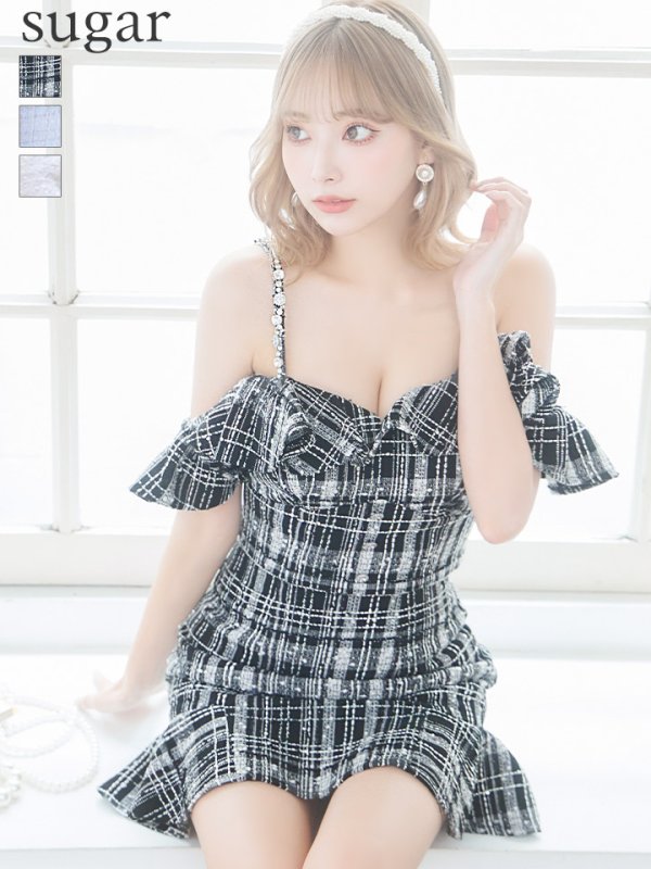 画像1: XSサイズあり【ROBE de FLEURS/ローブドフルール】フリルオフショルダー/ ツイード/ セットアップ/ Aライン/ ミニドレス/ キャバドレス[OF2] (1)