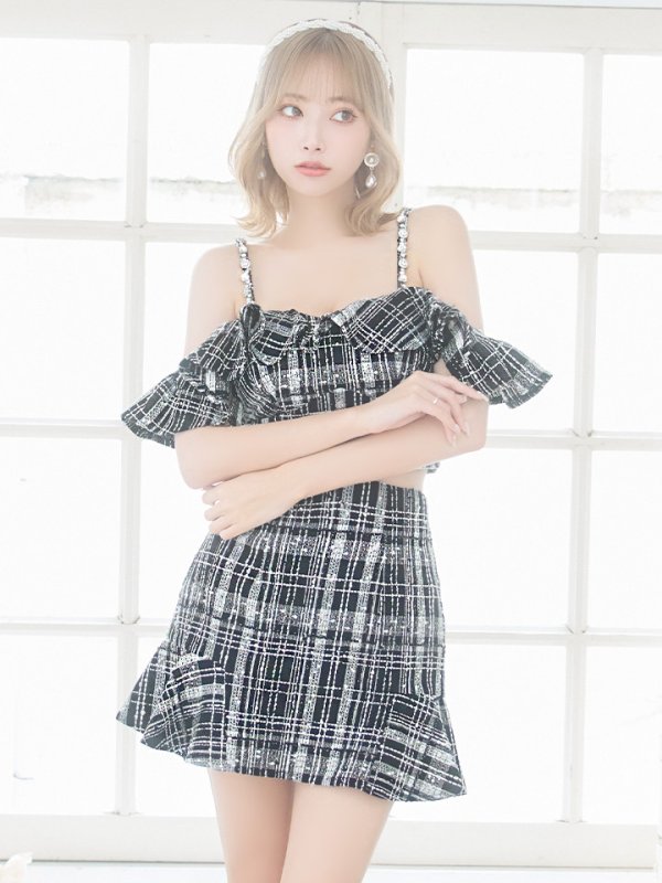 画像2: XSサイズあり【ROBE de FLEURS/ローブドフルール】フリルオフショルダー/ ツイード/ セットアップ/ Aライン/ ミニドレス/ キャバドレス[OF08] (2)