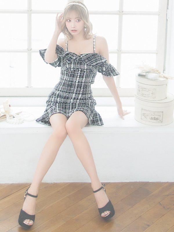 画像3: XSサイズあり【ROBE de FLEURS/ローブドフルール】フリルオフショルダー/ ツイード/ セットアップ/ Aライン/ ミニドレス/ キャバドレス[OF08] (3)