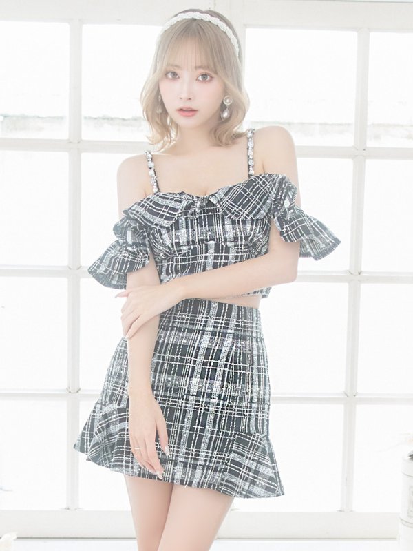 画像4: XSサイズあり【ROBE de FLEURS/ローブドフルール】フリルオフショルダー/ ツイード/ セットアップ/ Aライン/ ミニドレス/ キャバドレス[OF08] (4)