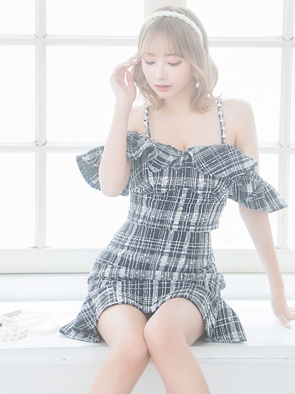 画像5: XSサイズあり【ROBE de FLEURS/ローブドフルール】フリルオフショルダー/ ツイード/ セットアップ/ Aライン/ ミニドレス/ キャバドレス[OF08] (5)