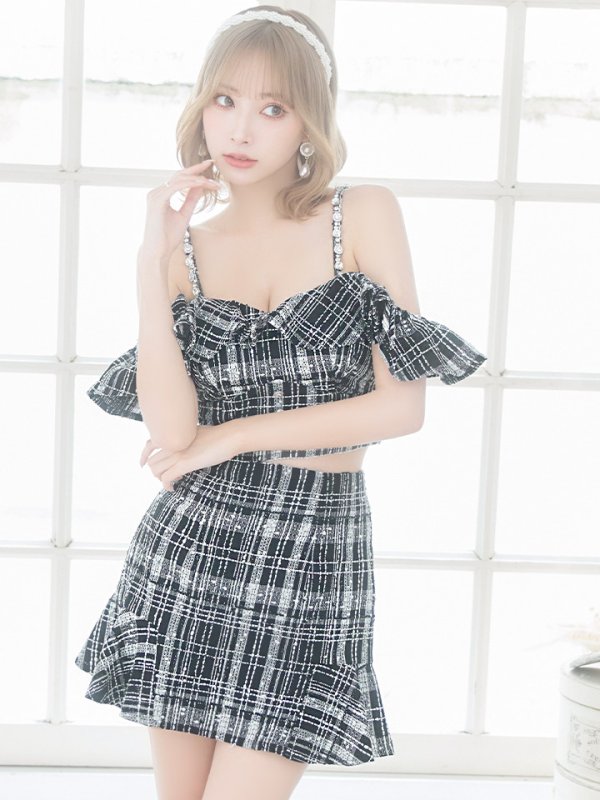 画像6: XSサイズあり【ROBE de FLEURS/ローブドフルール】フリルオフショルダー/ ツイード/ セットアップ/ Aライン/ ミニドレス/ キャバドレス[OF08] (6)