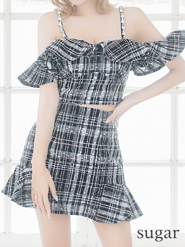 画像8: XSサイズあり【ROBE de FLEURS/ローブドフルール】フリルオフショルダー/ ツイード/ セットアップ/ Aライン/ ミニドレス/ キャバドレス[OF08] (8)