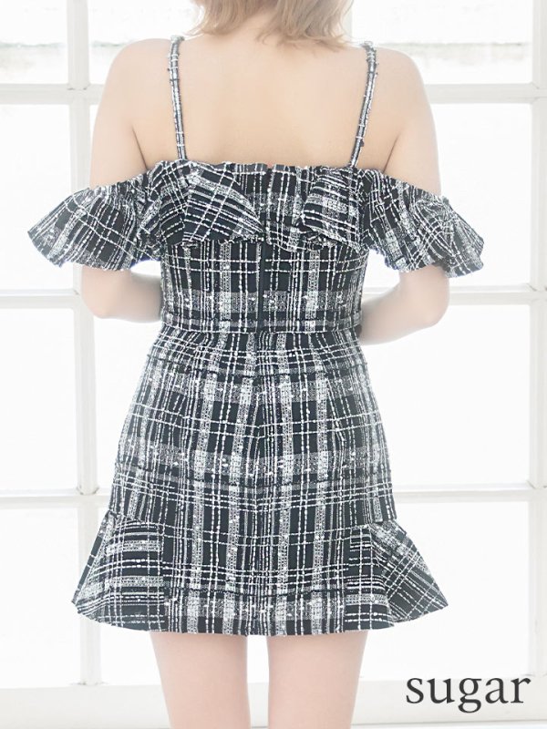 画像9: XSサイズあり【ROBE de FLEURS/ローブドフルール】フリルオフショルダー/ ツイード/ セットアップ/ Aライン/ ミニドレス/ キャバドレス[OF08] (9)