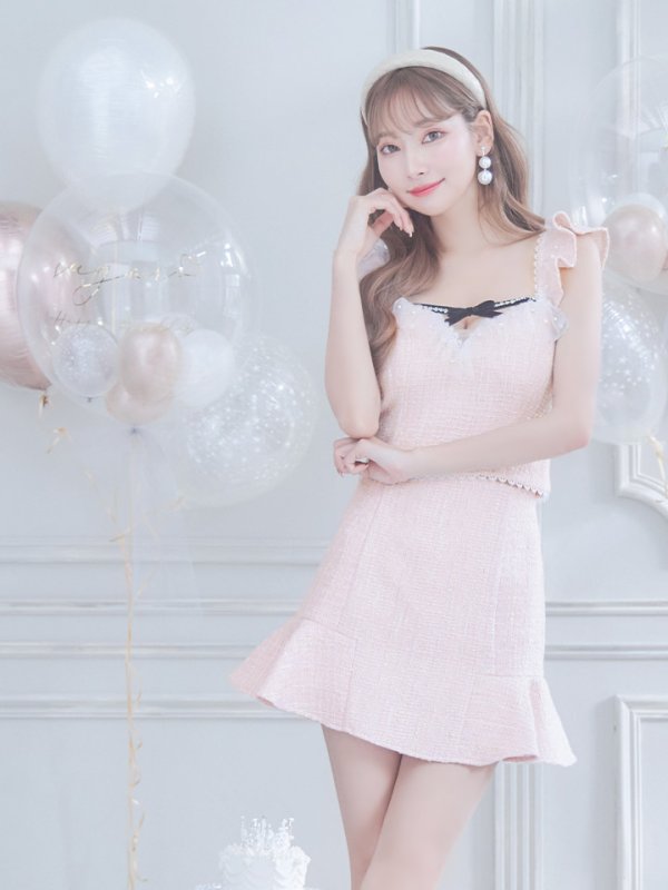 画像8: XS-Lサイズあり【ROBE de FLEURS/ローブドフルール】サマーツイード/ マーメイド/ パールチュール/ セットアップ/ フリルショルダー/ ミニドレス/ キャバドレス[OF08] (8)