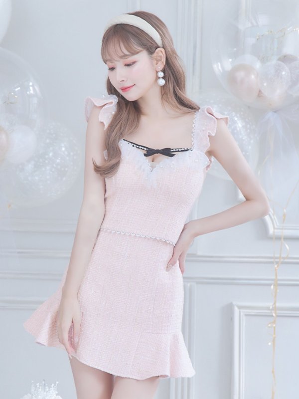 画像12: XS-Lサイズあり【ROBE de FLEURS/ローブドフルール】サマーツイード/ マーメイド/ パールチュール/ セットアップ/ フリルショルダー/ ミニドレス/ キャバドレス[OF08] (12)