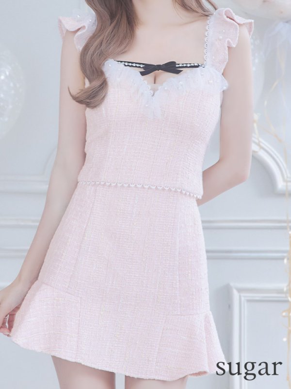 画像14: XS-Lサイズあり【ROBE de FLEURS/ローブドフルール】サマーツイード/ マーメイド/ パールチュール/ セットアップ/ フリルショルダー/ ミニドレス/ キャバドレス[OF08] (14)