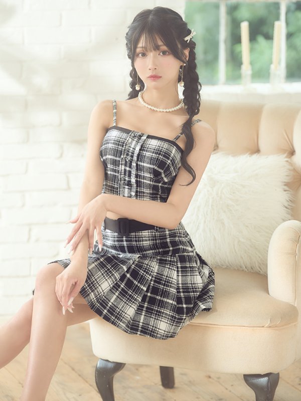 画像3: XSサイズあり【ROBE de FLEURS/ローブドフルール】ラメツイード/ プリーツスカート/ キャミソール/ セットアップ/ フレア/ ミニドレス/ キャバドレス[OF08] (3)