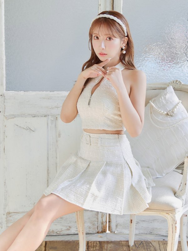 画像10: 【訳あり商品】※背中ほつれ有り【ROBE de FLEURS/ローブドフルール】ツイード/ ジップ/ 襟付き/ ホルター/ プリーツ/ フレア/ セットアップ/ ミニドレス/ キャバドレス[OF2] (10)