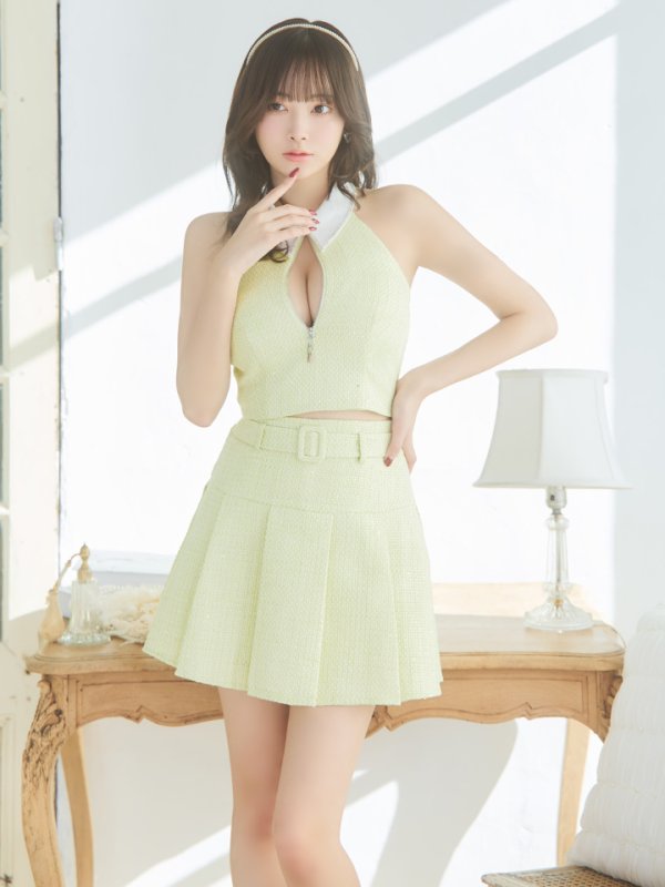 画像3: XSサイズあり【ROBE de FLEURS/ローブドフルール】ツイード/ ジップ/ 襟付き/ ホルター/ プリーツ/ フレア/ セットアップ/ ミニドレス/ キャバドレス[OF08] (3)