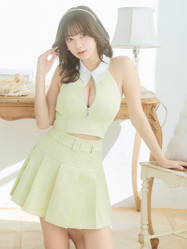 画像5: XSサイズあり【ROBE de FLEURS/ローブドフルール】ツイード/ ジップ/ 襟付き/ ホルター/ プリーツ/ フレア/ セットアップ/ ミニドレス/ キャバドレス[OF08] (5)