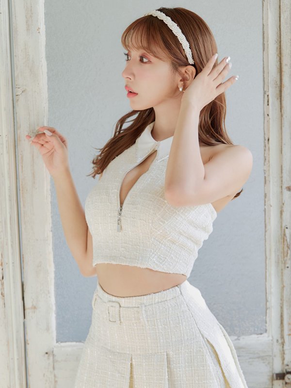 画像13: 【訳あり商品】※背中ほつれ有り【ROBE de FLEURS/ローブドフルール】ツイード/ ジップ/ 襟付き/ ホルター/ プリーツ/ フレア/ セットアップ/ ミニドレス/ キャバドレス[OF2] (13)