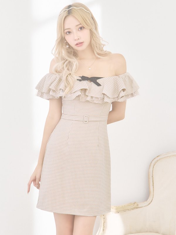 画像6: XSサイズあり【ROBE de FLEURS/ローブドフルール】フリルオフショルダー/ ツイード/ 千鳥柄/ リボンモチーフ/ Aライン/ ミニドレス/ キャバドレス[OF08] (6)