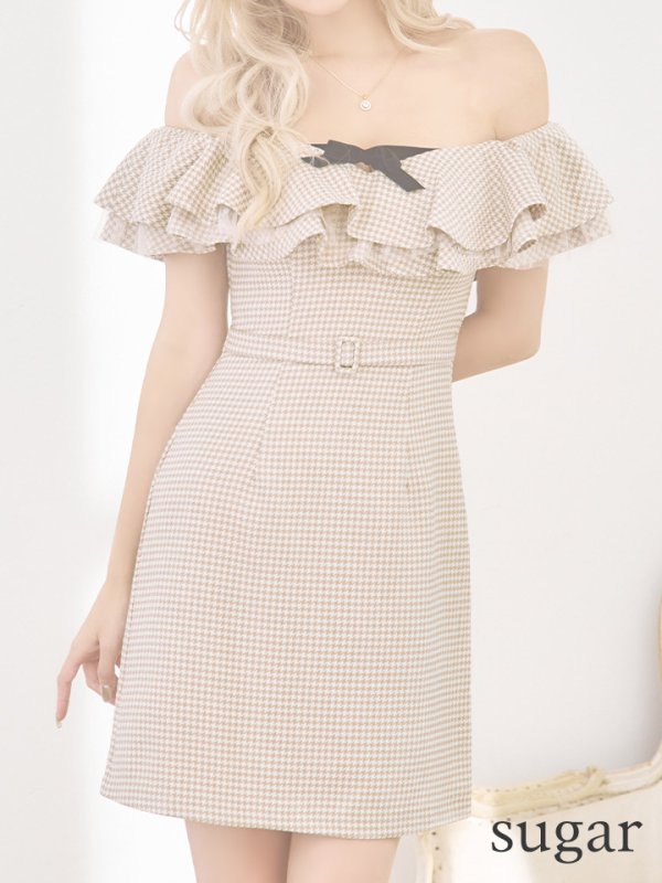 画像11: XSサイズあり【ROBE de FLEURS/ローブドフルール】フリルオフショルダー/ ツイード/ 千鳥柄/ リボンモチーフ/ Aライン/ ミニドレス/ キャバドレス[OF08] (11)