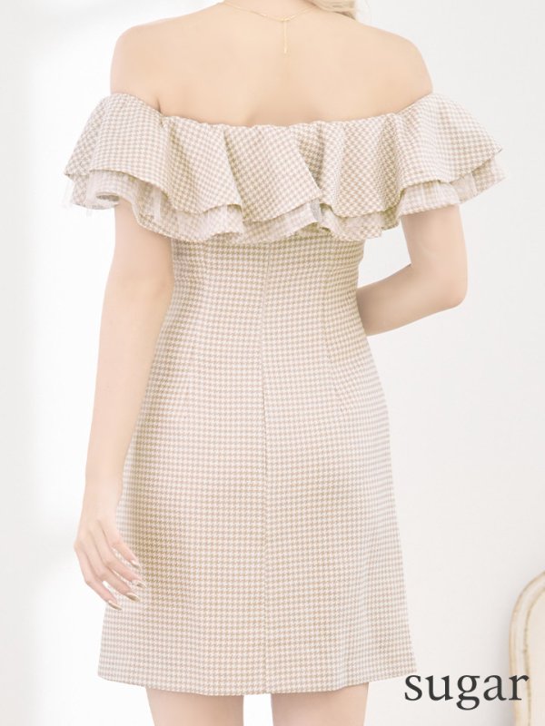 画像12: XSサイズあり【ROBE de FLEURS/ローブドフルール】フリルオフショルダー/ ツイード/ 千鳥柄/ リボンモチーフ/ Aライン/ ミニドレス/ キャバドレス[OF08] (12)