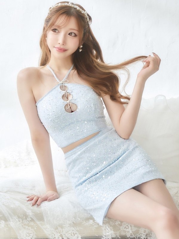 画像4: XSサイズあり【ROBE de FLEURS/ローブドフルール】フロントホール/ トリプルリボン/ ホルターネック/ ラメ/ セットアップ/ ミニドレス/ キャバドレス[OF2] (4)