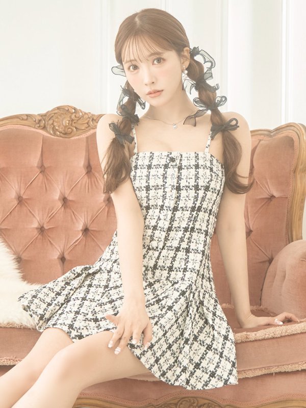 画像2: XSサイズあり【ROBE de FLEURS/ローブドフルール】ツイード/ チェック/ キャミソール/ ワンピース/ フレア/ ミニドレス/ キャバドレス[OF08] (2)